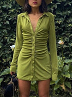 Autumn Ruched Long Sleeve Bodycon Dress Women Turn-Down Collar Sexy Mini Dress Vestidos 2022 nowadaysfashion