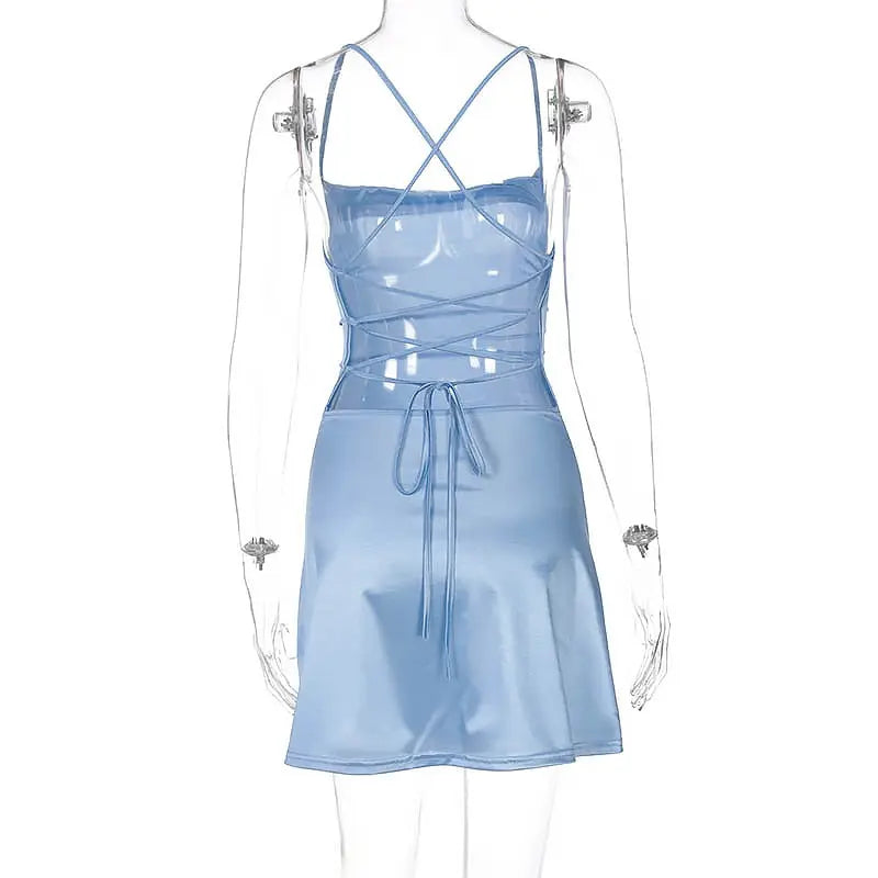 Women Satin Strap Mini Dress Lace Up Bandage Bodycon Backless Sexy Streetwear nowadaysfashion
