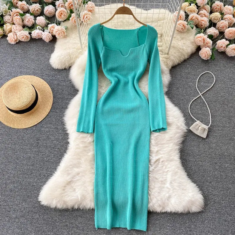 Strapless Ribbed Knitted Bodycon Dress Women Winter Long Sleeve Midi Sweater Dress nowadaysfashion