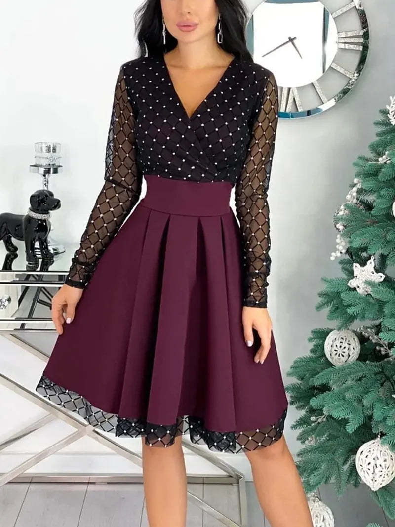 Shiny Sequin Diamond Mesh Stitching Dress Women Spring Autumn Sheer Long Sleeve Belted Slim A Line Dresses nowadaysfashion