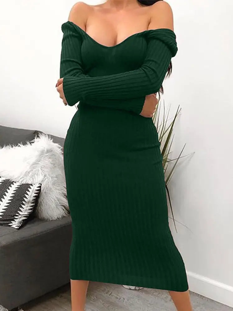 Sexy Bodycon Midi Woman Dress Knitted Long Sleeve V Neck Party Elegant Robe Women's Dresses nowadaysfashion