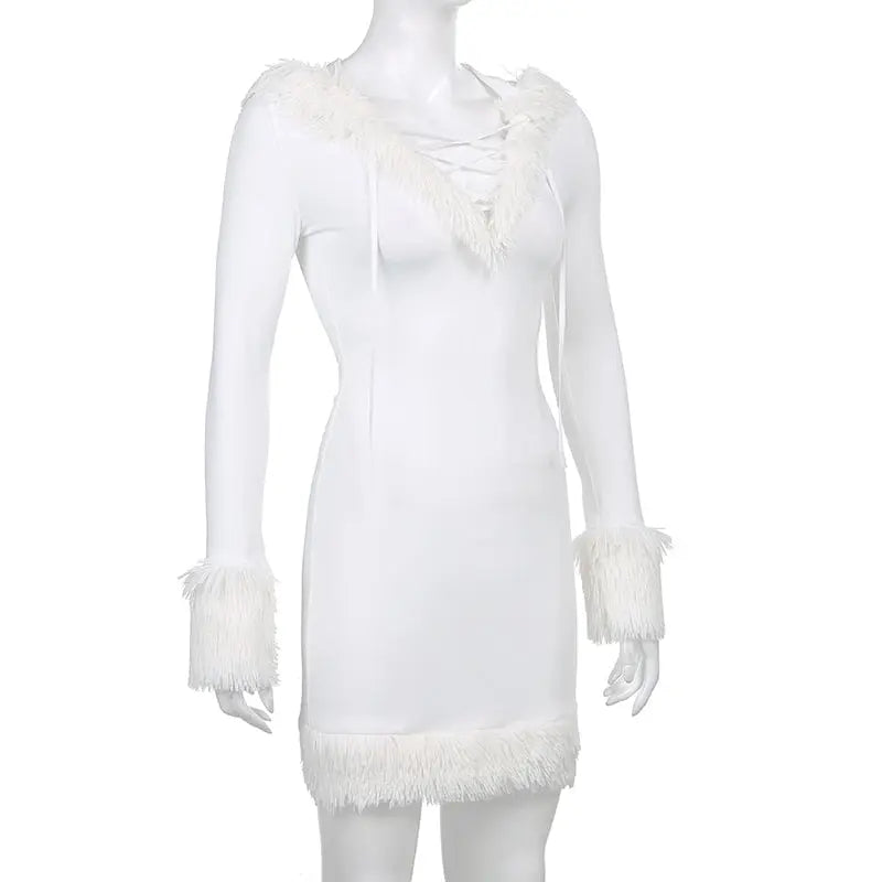 Furry White Bodycon Mini Dresses Women Autumn Long Sleeve Hooded V Neck Dress nowadaysfashion