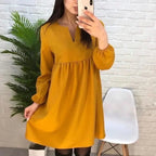 High Waist Mini Dress Long sleeve Sexy V-Neck Solid Color Party Lantern Sleeve Dress nowadaysfashion