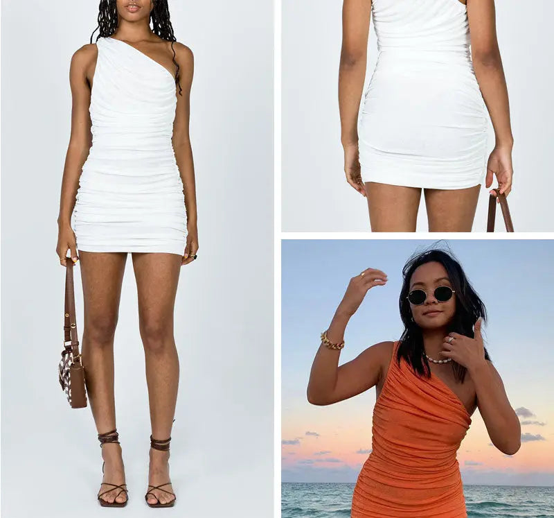 Elegant One Shoulder Party Dresses For Women Sleeveless Ruched Bodycon Dress Sexy Mini Summer Dress nowadaysfashion
