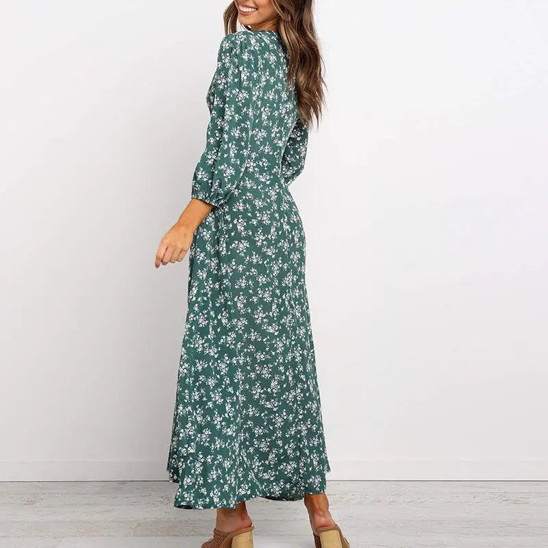 Women Chiffon Long Dress Floral Print Lantern Sleeve A-line Maxi Vestidos Vintage V Neck Dresses nowadaysfashion