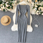 Strapless Ribbed Knitted Bodycon Dress Women Winter Long Sleeve Midi Sweater Dress nowadaysfashion