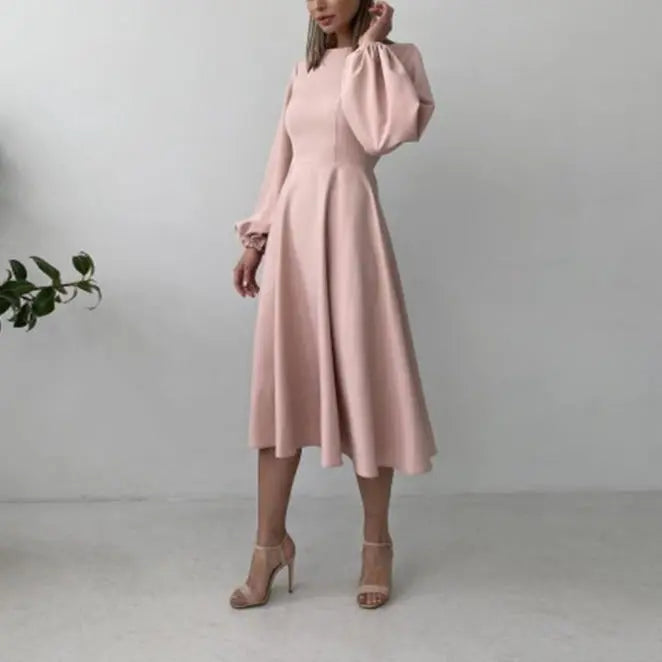 Sexy Backless Midi Long Dresses Lantern Sleeve O-Neck Autumn Folds A-Line For Women nowadaysfashion