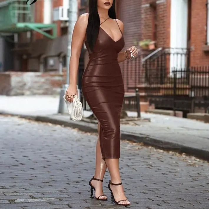 Pu Faux Leather Women Slit Midi Dress Strap V Neck Backless Bodycon Sexy Streetwear nowadaysfashion
