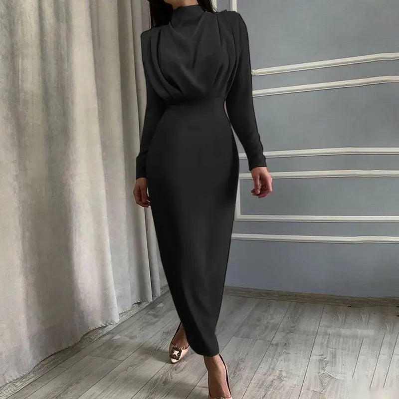 Elegant Women Dress Stand Collar Slim Waist Solid Ankle Length Autumn Long Sleeve Dress nowadaysfashion