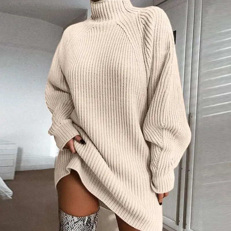 Women Turtleneck Oversized Knitted Dress Solid Long Sleeve Casual Elegant Mini Sweater Dress Plus Size nowadaysfashion