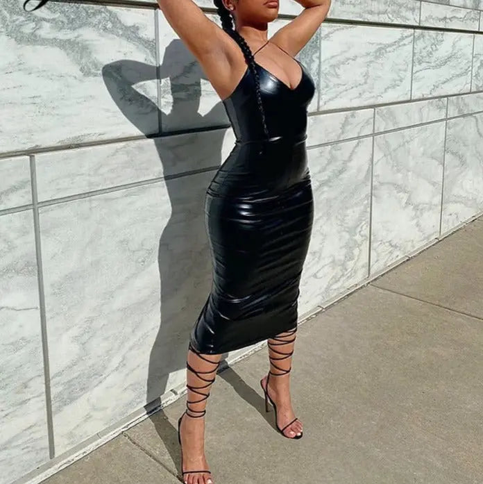 Pu Faux Leather Women Slit Midi Dress Strap V Neck Backless Bodycon Sexy Streetwear nowadaysfashion