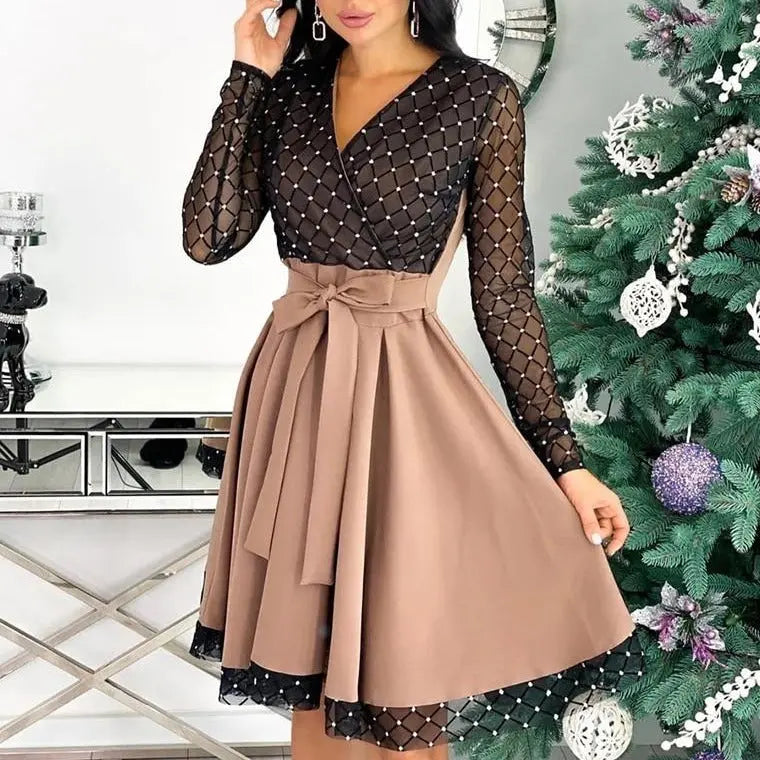 Shiny Sequin Diamond Mesh Stitching Dress Women Spring Autumn Sheer Long Sleeve Belted Slim A Line Dresses nowadaysfashion