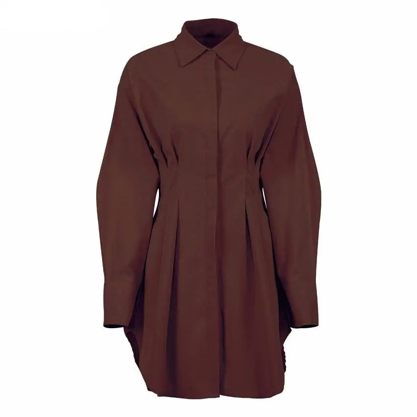 Autumn Winter Bodycon Dress Women Long Sleeve Khaki Pleated Shirt Midi Dresss nowadaysfashion
