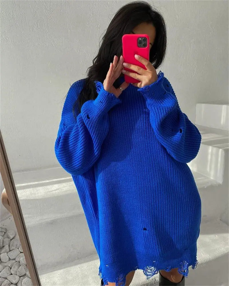 O Neck Oversized Mini Knitted Women Sweater Loose Dresses Autumn Winter Long Sleeve nowadaysfashion