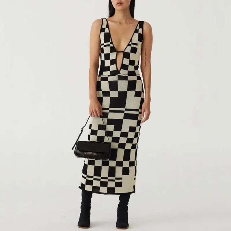 Knitted Sexy Bodycon Summer Women Dresses Backless Plaid Print Spaghetti Strap Hollow Out Vestidos nowadaysfashion
