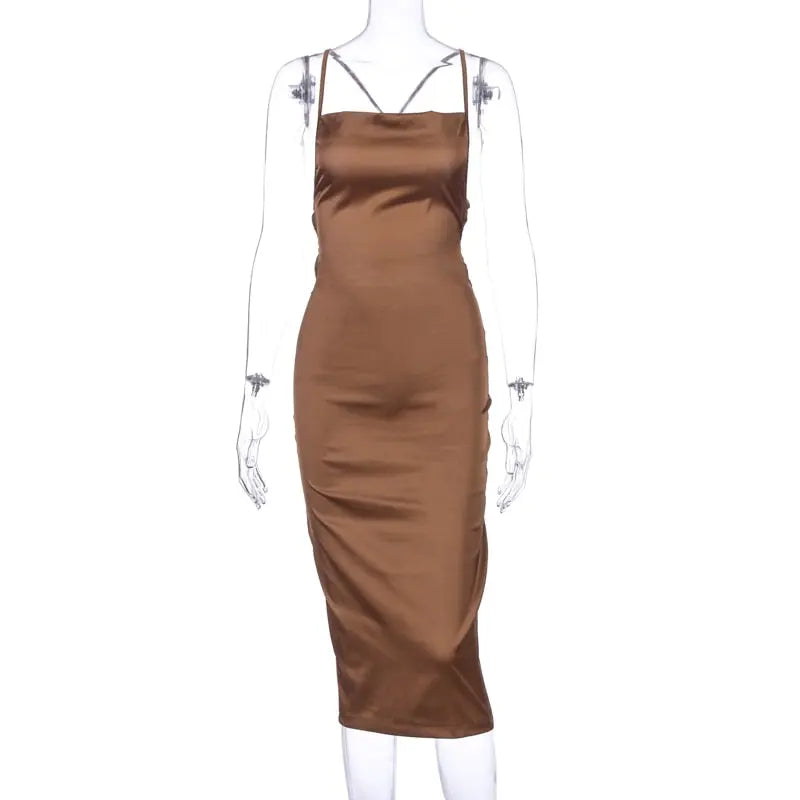 neon satin lace up 2022 summer women bodycon long midi dress sleeveless backless elegant party nowadaysfashion