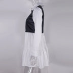 Long Sleeve Mini Shirt Dress For Women White 2022 Spring PU Leather Patchwork Plaid Dresses nowadaysfashion