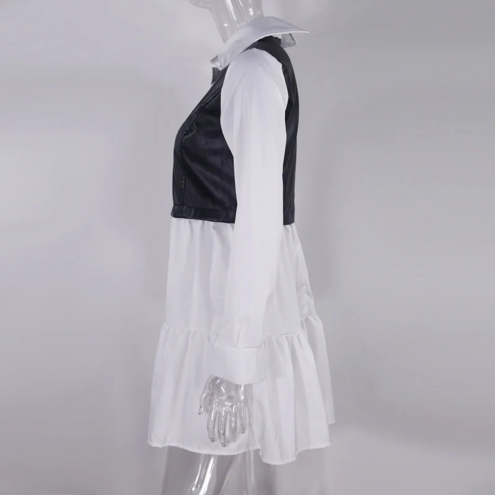 Long Sleeve Mini Shirt Dress For Women White 2022 Spring PU Leather Patchwork Plaid Dresses nowadaysfashion