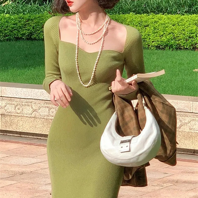 Strapless Ribbed Knitted Bodycon Dress Women Winter Long Sleeve Midi Sweater Dress nowadaysfashion