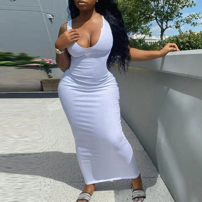 Ribbed Knitted Stripe Women Pure Sleeveless Midi Dress V Neck Bodycon Elegant 2022 Summer nowadaysfashion