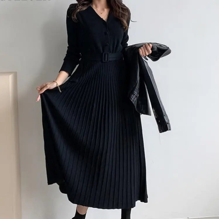 V-neck Single-breasted Women Thicken Sweater Dress Knitted Belted Female A-line soft dresses nowadaysfashion