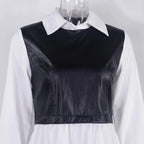 Long Sleeve Mini Shirt Dress For Women White 2022 Spring PU Leather Patchwork Plaid Dresses nowadaysfashion