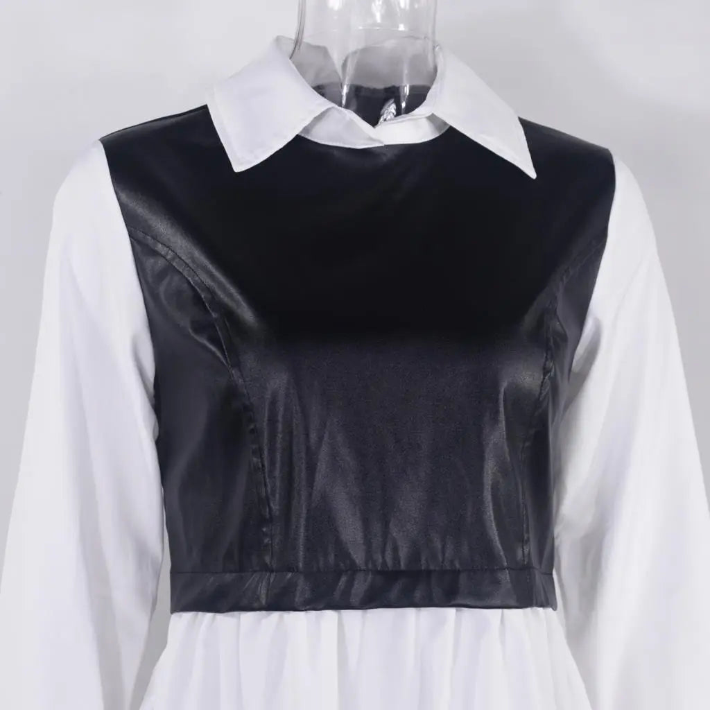 Long Sleeve Mini Shirt Dress For Women White 2022 Spring PU Leather Patchwork Plaid Dresses nowadaysfashion