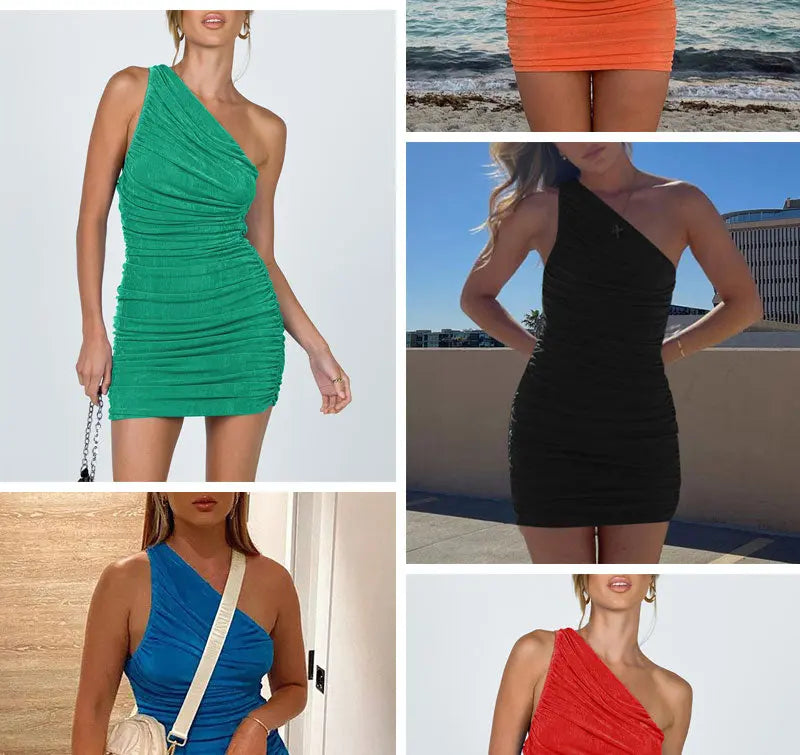 Elegant One Shoulder Party Dresses For Women Sleeveless Ruched Bodycon Dress Sexy Mini Summer Dress nowadaysfashion