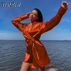 Long Sleeve Mini Satin Dress Nothed Lace Up Bandage Wrap High Waist Casual Shirt Dresses nowadaysfashion