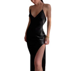 Spring Summer Women Satin Silky Spaghetti Strap Split Long Dress Elegant Sleeveless Backless Sexy Vestito nowadaysfashion