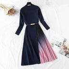 Knitted Patchwork Gradient Print Pleated Dress Long Sleeve Office One-Piece Sweater Dress With Belt nowadaysfashion