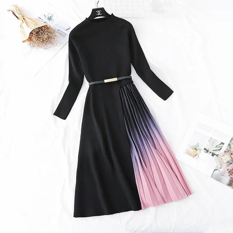 Knitted Patchwork Gradient Print Pleated Dress Long Sleeve Office One-Piece Sweater Dress With Belt nowadaysfashion