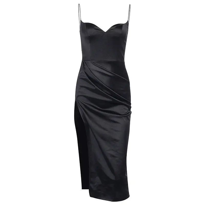 Satin Spaghetti Straps Low Cut Long Dress Women Summer Ruched Side High Split Maxi Dress nowadaysfashion