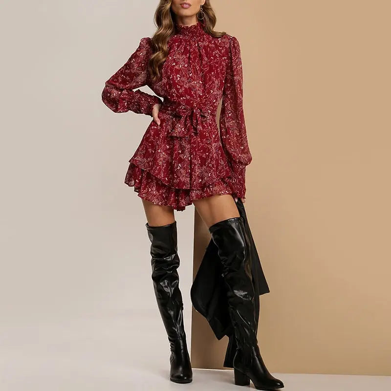 Spring Vintage Perspective Floral Print Dress Women Long Sleeve Chiffon A Line Mini Dress Vestidos nowadaysfashion