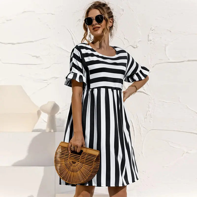 Spring Summer Dress Cute Loose Striped Print Ruffles Sleeves Dresses Elegant A Line Patchwork Beach Dress Vestidos nowadaysfashion