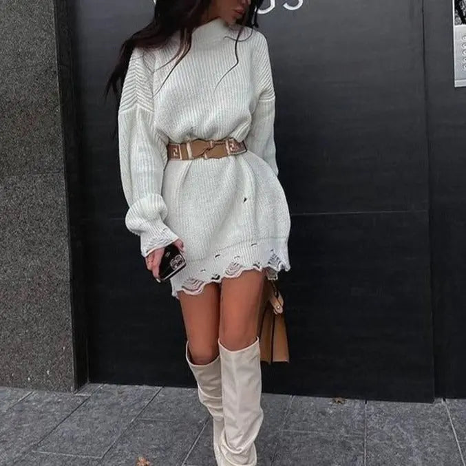 O Neck Oversized Mini Knitted Women Sweater Loose Dresses Autumn Winter Long Sleeve nowadaysfashion