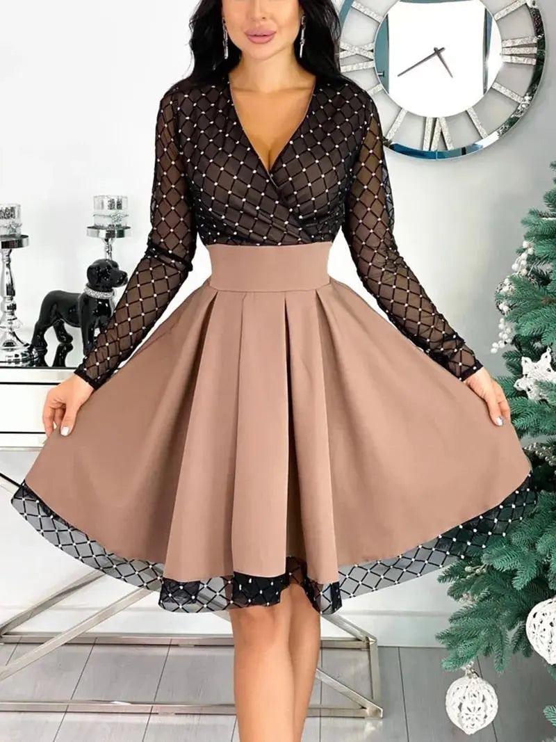 Shiny Sequin Diamond Mesh Stitching Dress Women Spring Autumn Sheer Long Sleeve Belted Slim A Line Dresses nowadaysfashion