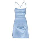 Women Satin Strap Mini Dress Lace Up Bandage Bodycon Backless Sexy Streetwear nowadaysfashion