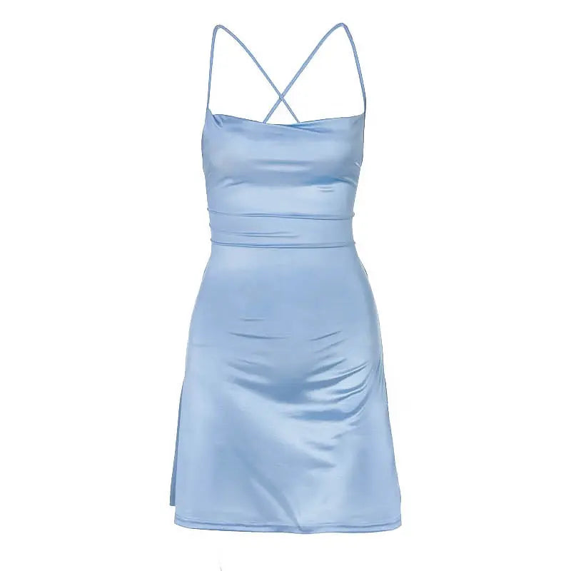 Women Satin Strap Mini Dress Lace Up Bandage Bodycon Backless Sexy Streetwear nowadaysfashion