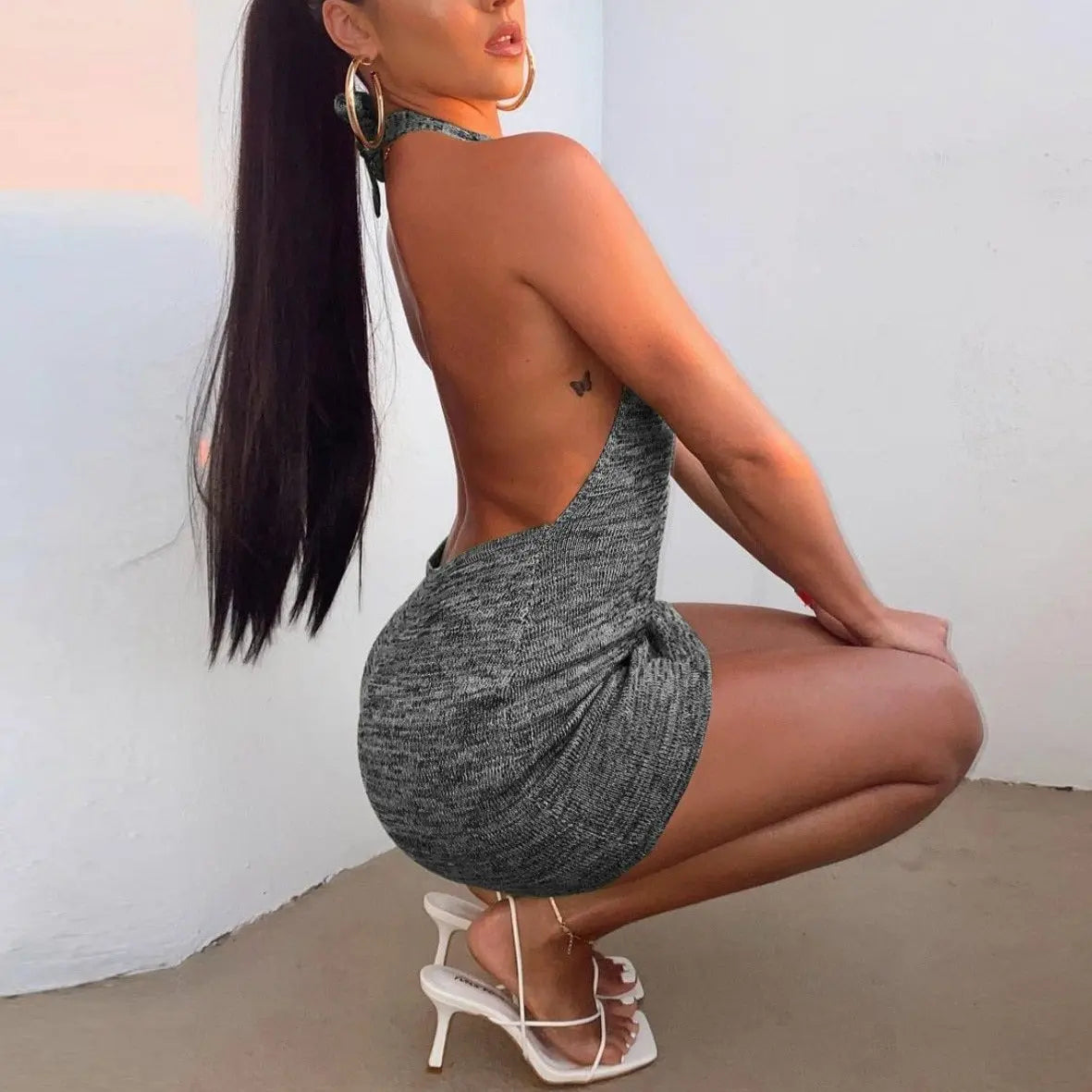 Halter Sexy Backless Mini Dresses Bodycon Skinny Sleeveless Knitted Beach Holiday Dress nowadaysfashion
