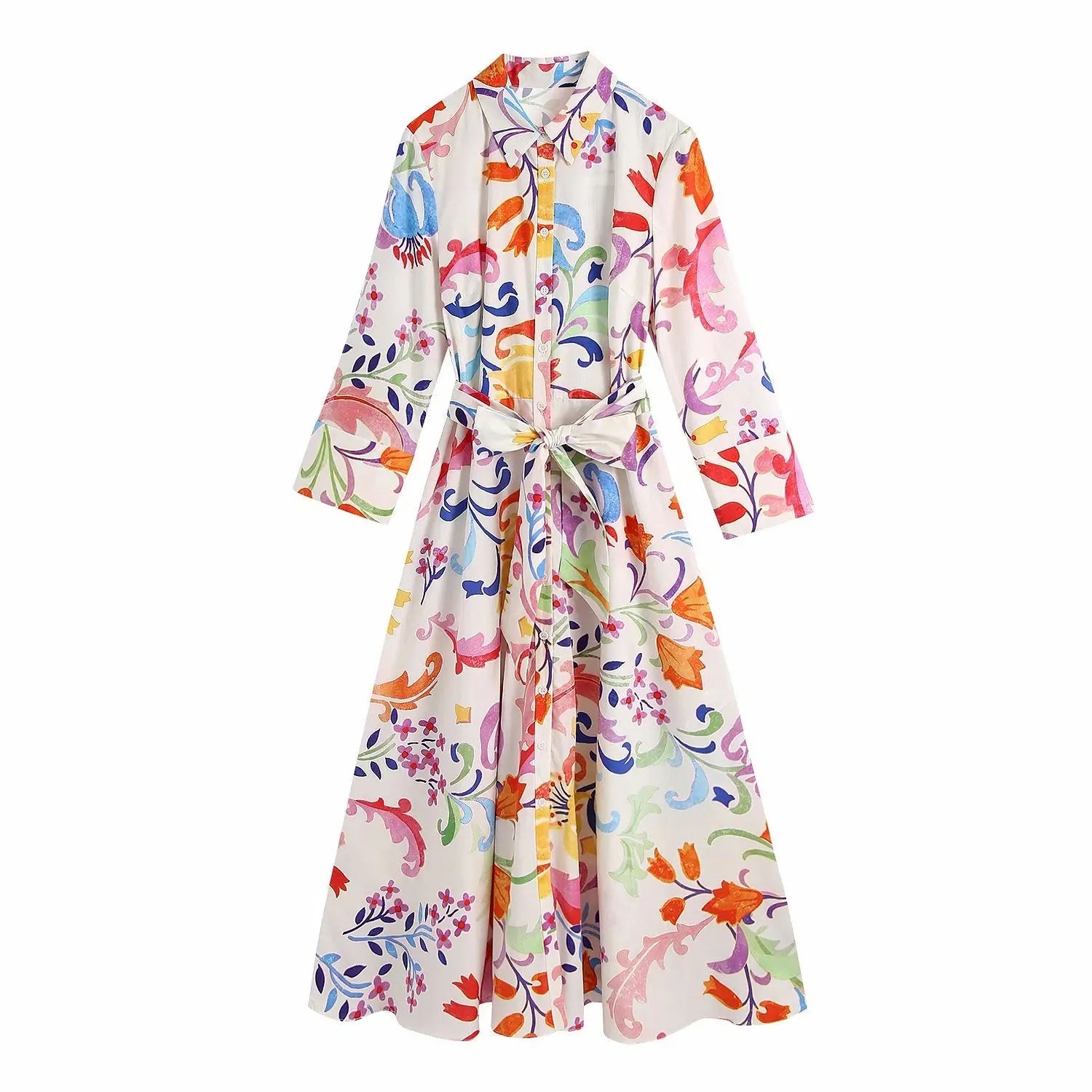 Women Vintage Totem Floral Print Bow Sashes Midi Shirt Dress Female Three Quarter Sleeve Slim Vestidos nowadaysfashion
