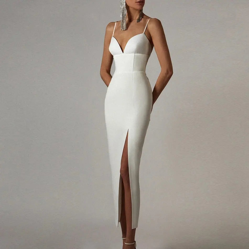 Summer Women White Bodycon Bandage Long Dresses Sexy V Neck Spaghetti Strap Evening nowadaysfashion