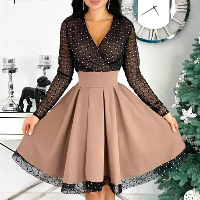 Shiny Sequin Diamond Mesh Stitching Dress Women Spring Autumn Sheer Long Sleeve Belted Slim A Line Dresses nowadaysfashion