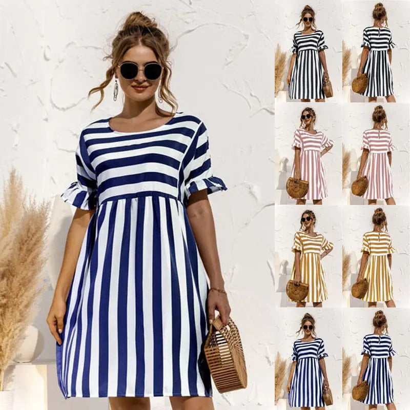 Spring Summer Dress Cute Loose Striped Print Ruffles Sleeves Dresses Elegant A Line Patchwork Beach Dress Vestidos nowadaysfashion
