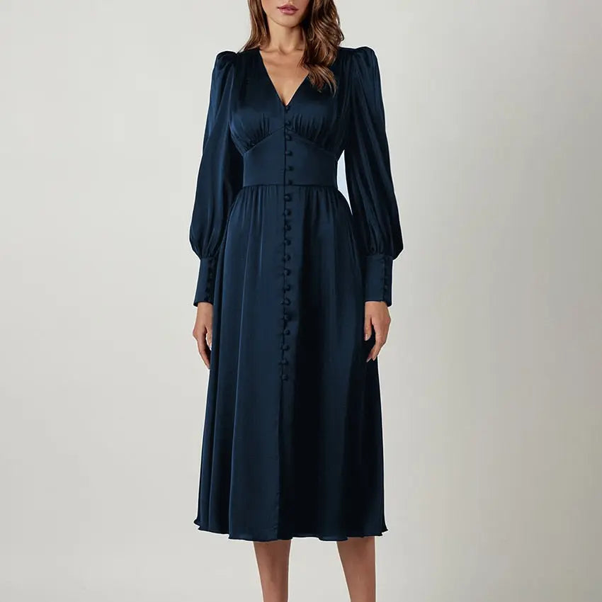 Single Breasted Dress High Waist Satin Long Dress V Neck Women Midi Dresses Lantern Sleeve nowadaysfashion