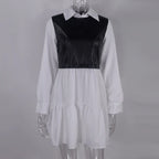 Long Sleeve Mini Shirt Dress For Women White 2022 Spring PU Leather Patchwork Plaid Dresses nowadaysfashion