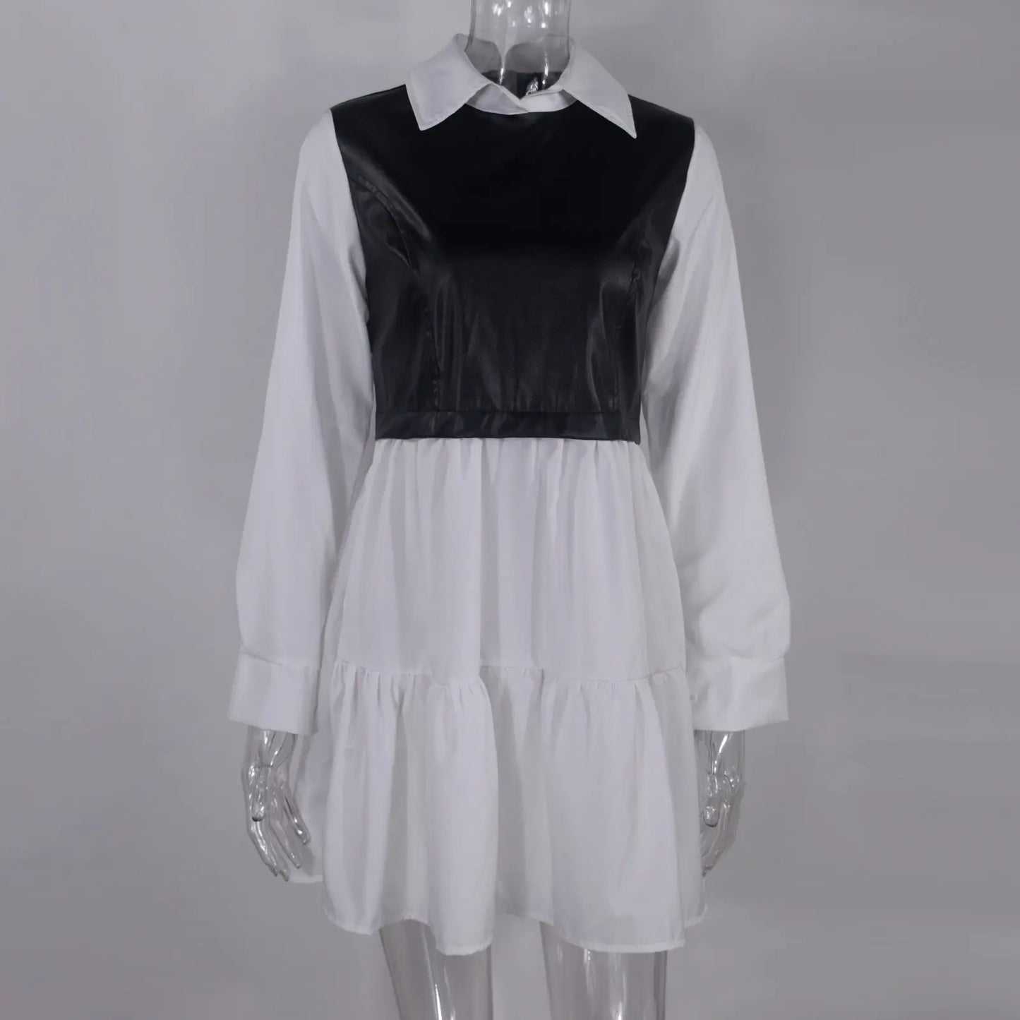 Long Sleeve Mini Shirt Dress For Women White 2022 Spring PU Leather Patchwork Plaid Dresses nowadaysfashion