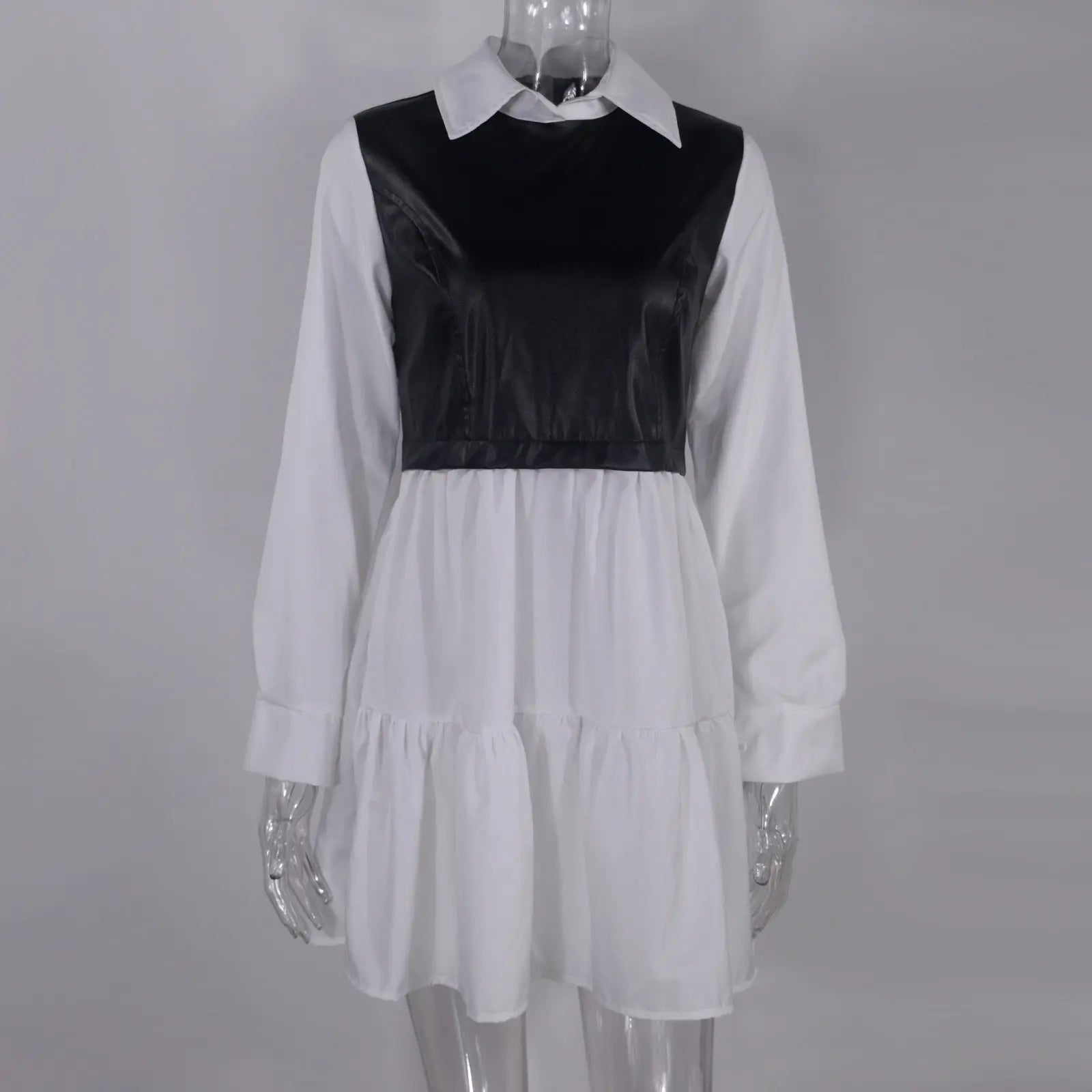 Long Sleeve Mini Shirt Dress For Women White 2022 Spring PU Leather Patchwork Plaid Dresses nowadaysfashion