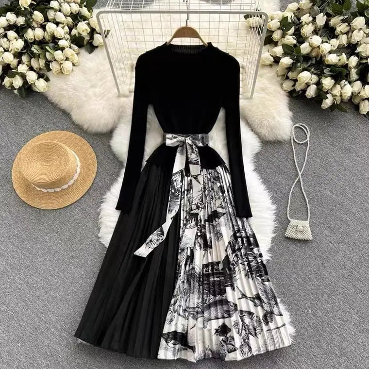 Knitted Patchwork Gradient Print Pleated Dress Long Sleeve Office One-Piece Sweater Dress With Belt nowadaysfashion