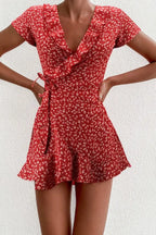 Summer Women’s Floal A-Line Dress Sweet Elegant Floral Ruffles V-neck Bandage Short Dress nowadaysfashion